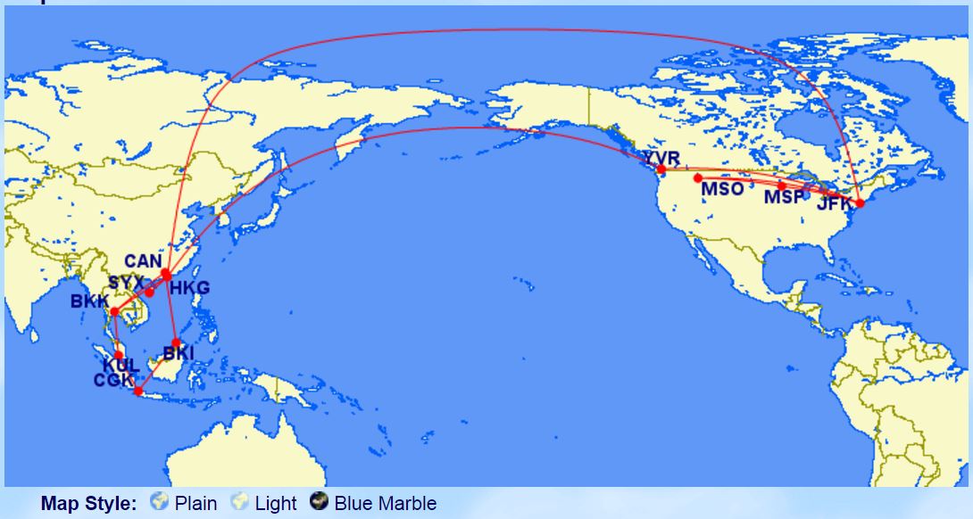 Checkout the Great Circle Mapper which has me crisscrossing Asia for no particular reason for a total distance flown of 28,674 miles.