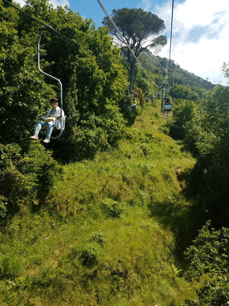 a person on a chairlift in the woods