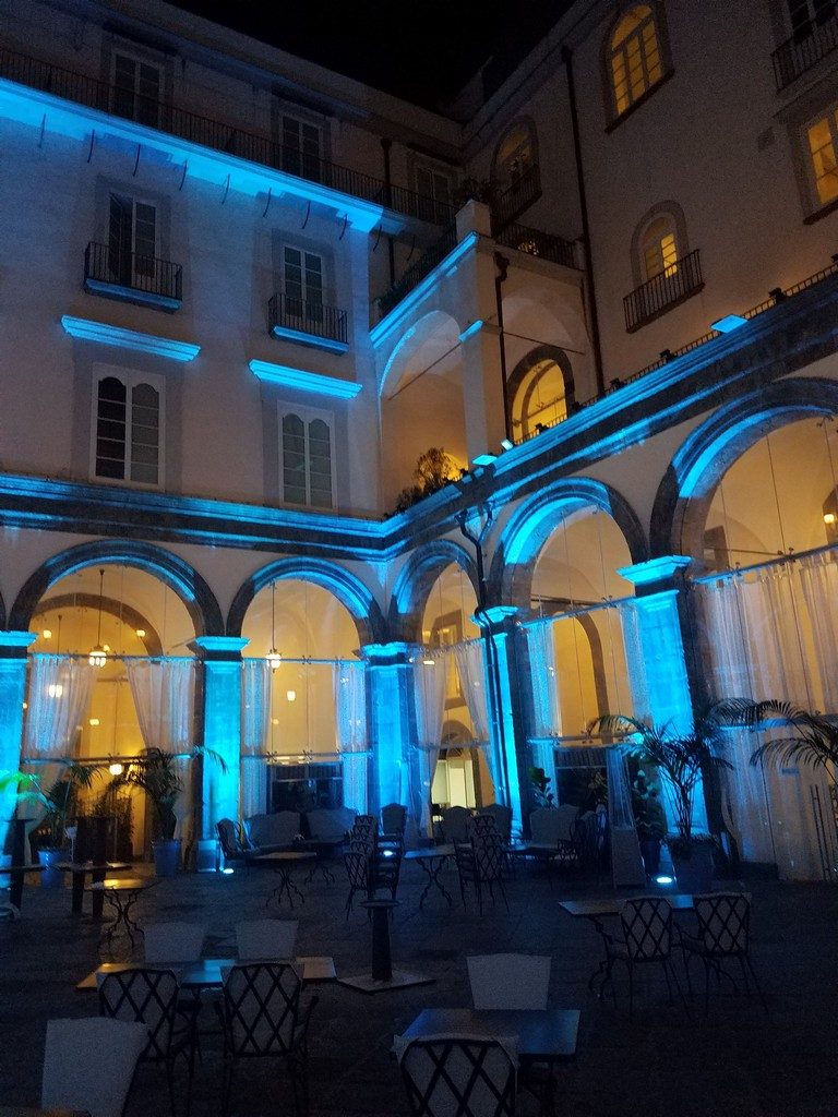 a building with blue lights