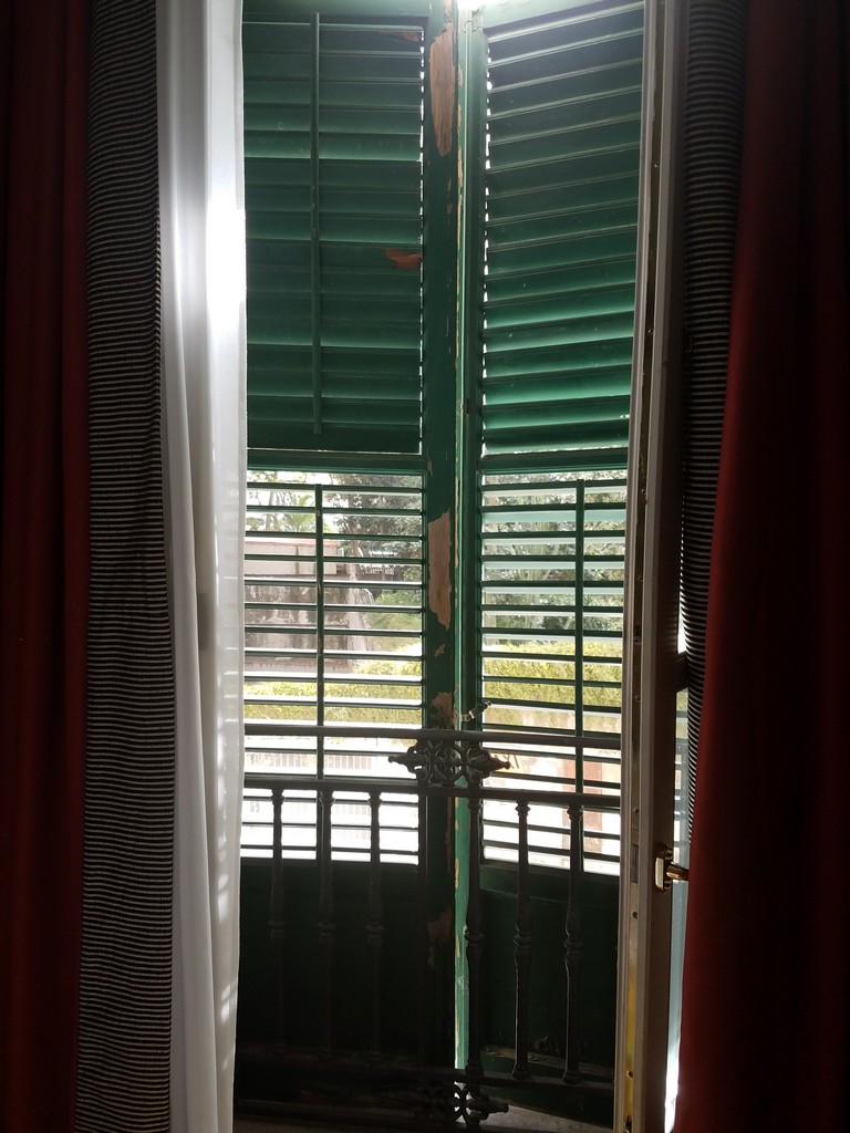 a window with a green shuttered door