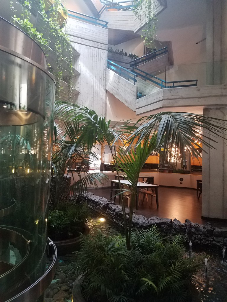 a building with a glass staircase and plants