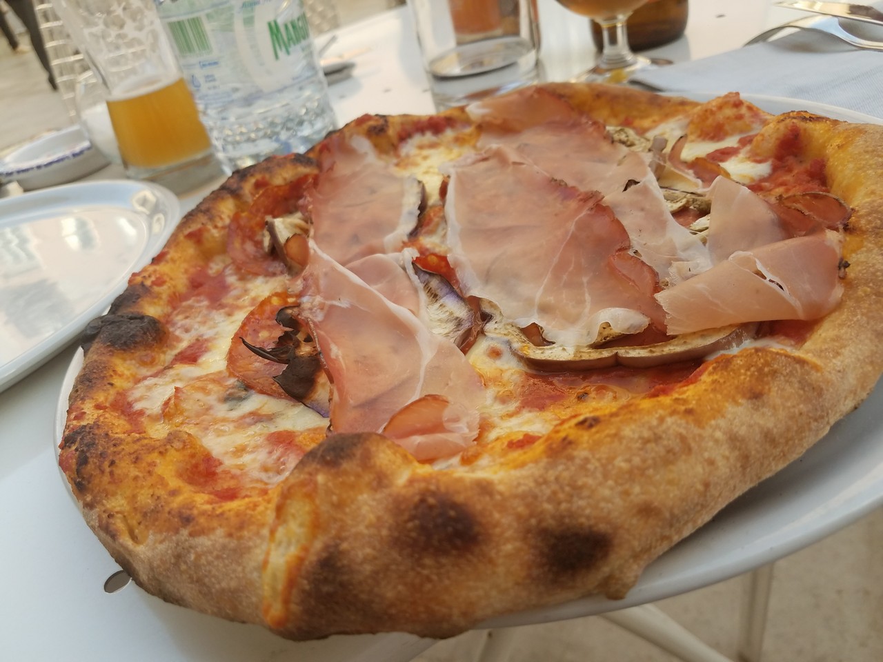 a pizza with ham and mushrooms on a white plate