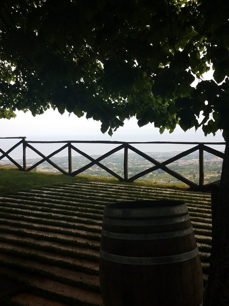 a wooden railing and a barrel on a hill