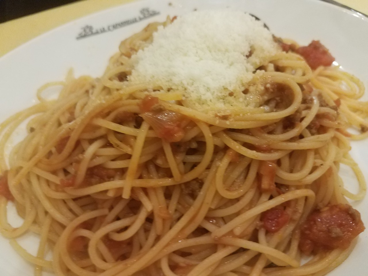 a plate of spaghetti with grated cheese