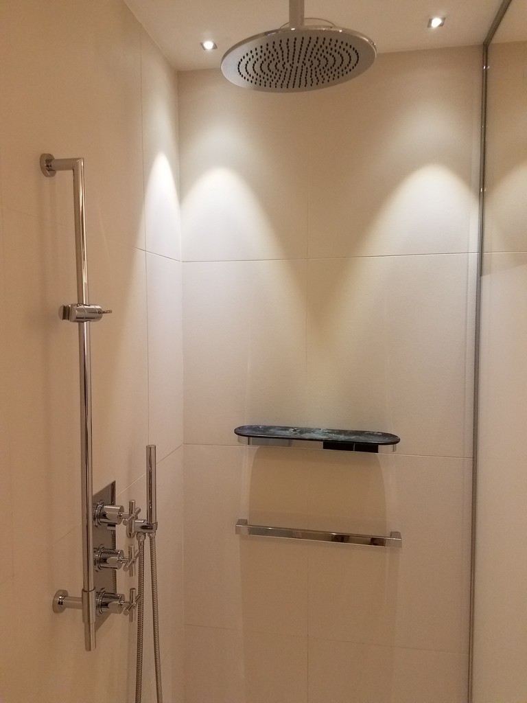 a shower with a metal shower head