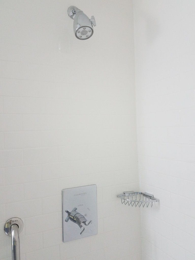 a shower head and holder in a white bathroom