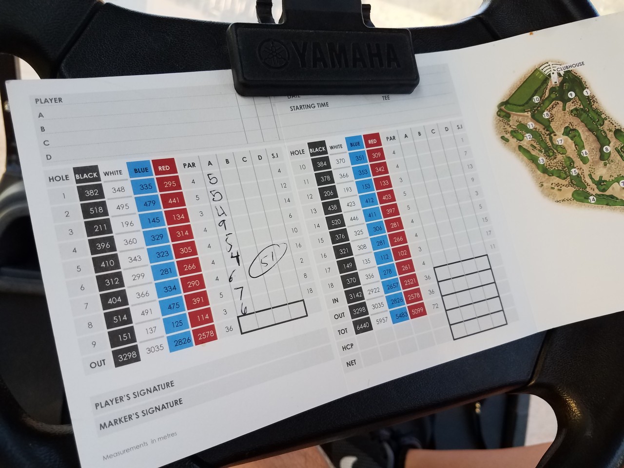a golf scorecard on a bag