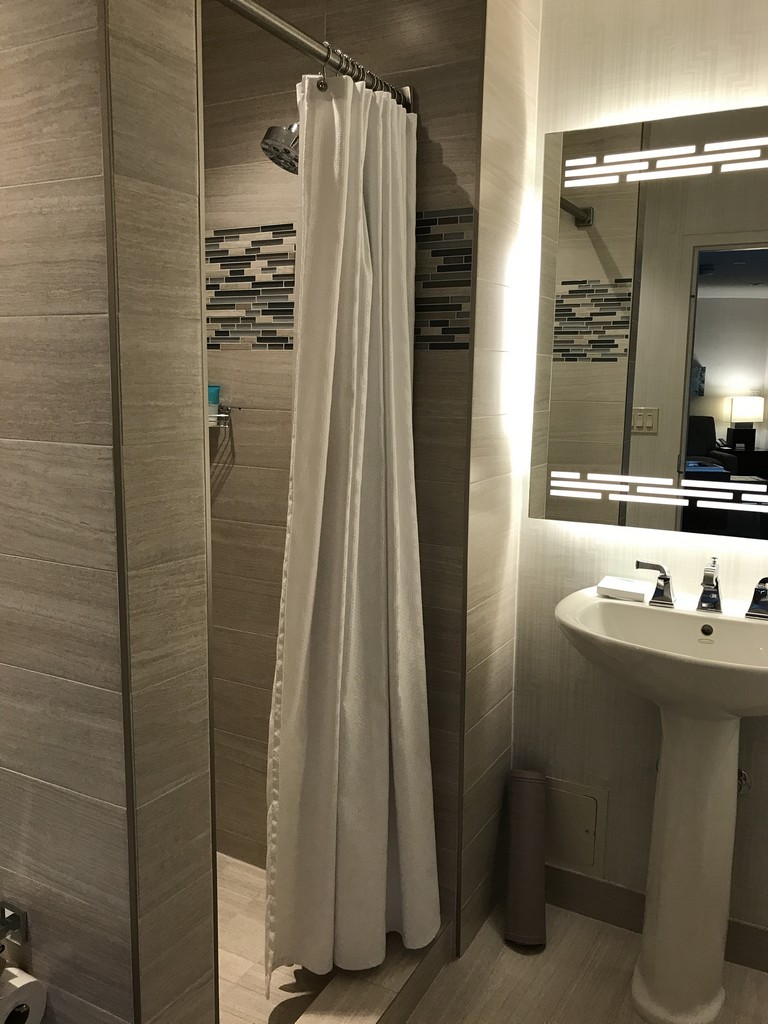 a shower curtain in a bathroom