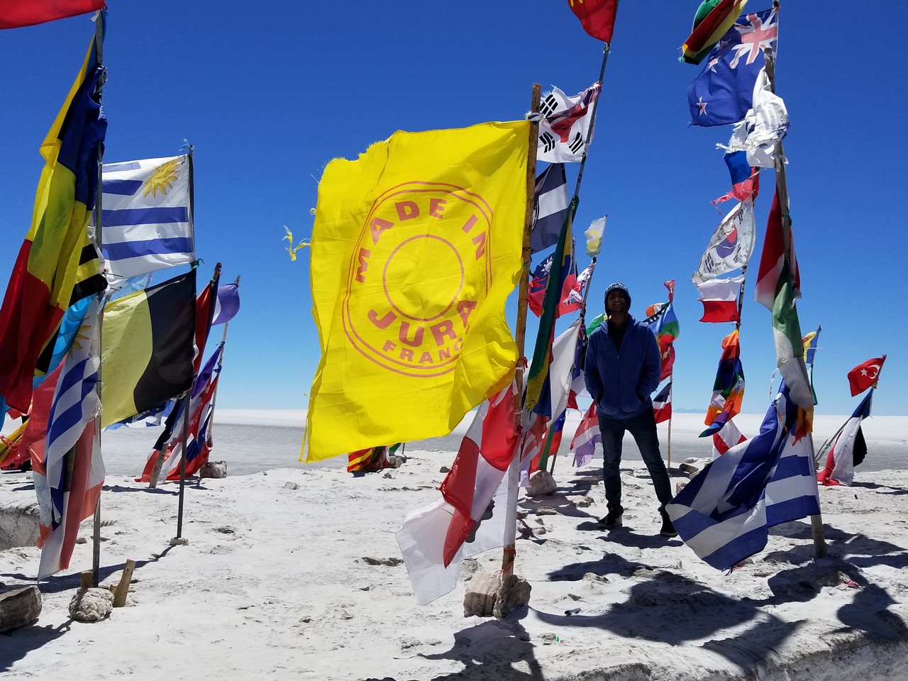 a man standing in the sand with many flags