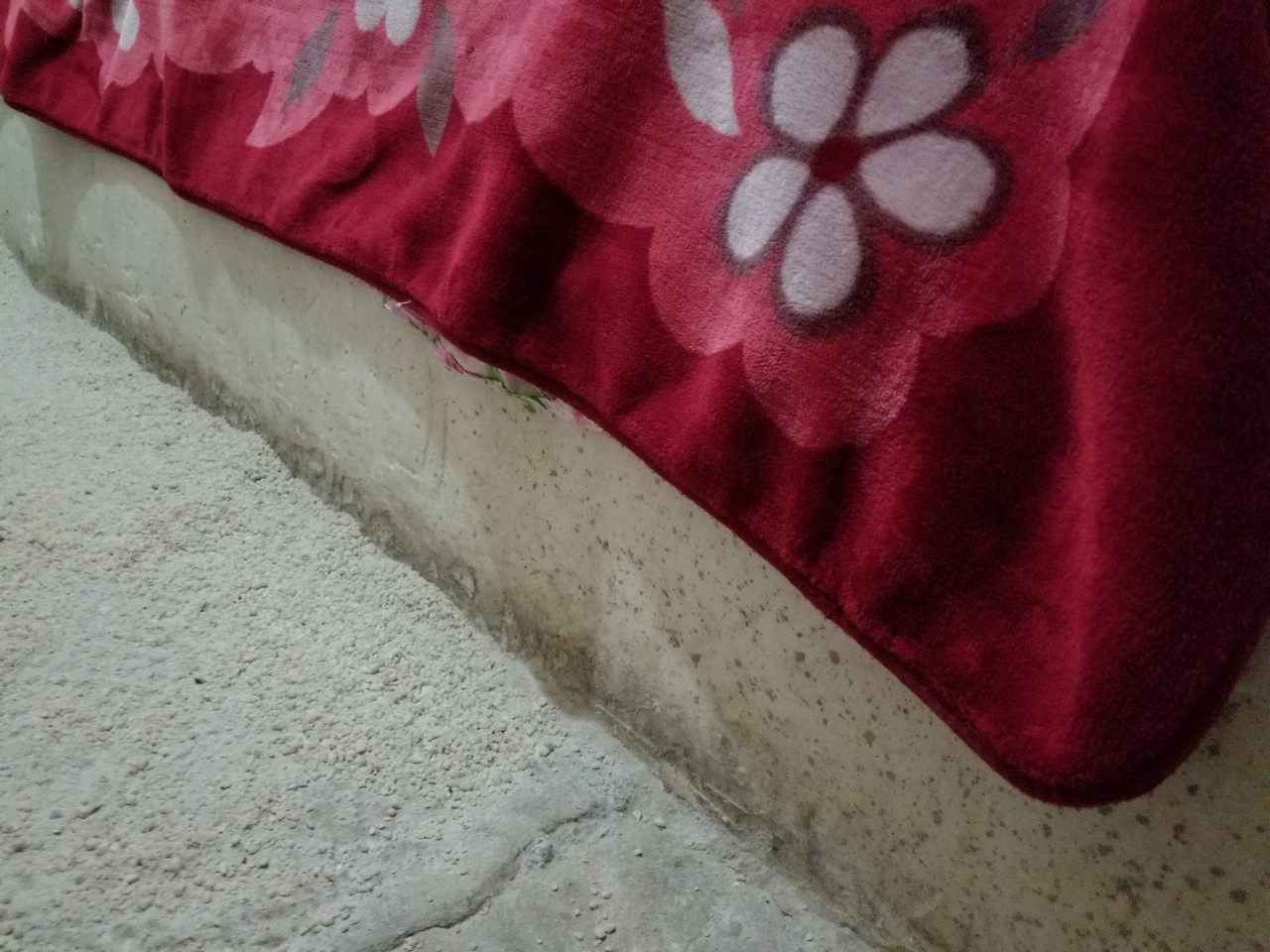 a red blanket with white flowers on it