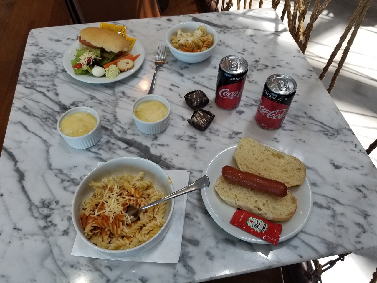 a table with food and drinks