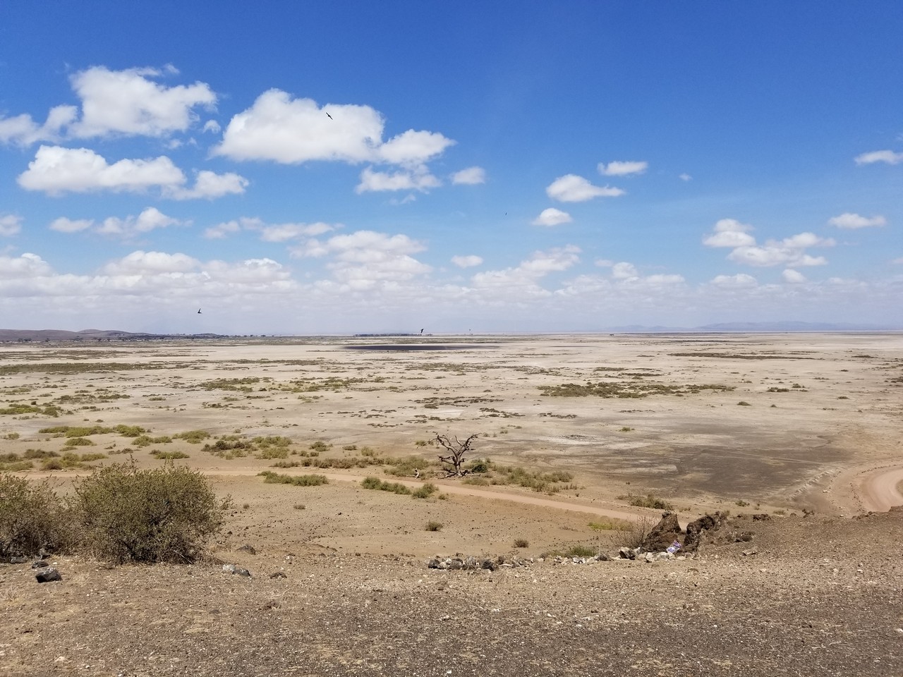 a landscape of a desert with a dirt road and blue sky