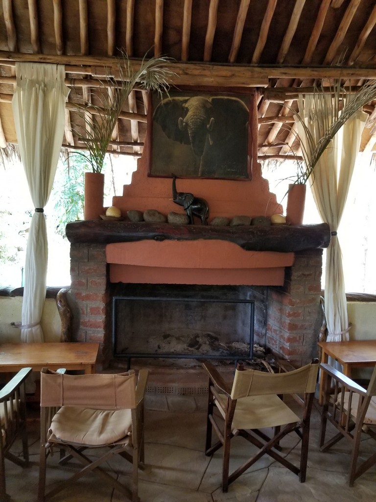 a fireplace with a picture of an elephant on top