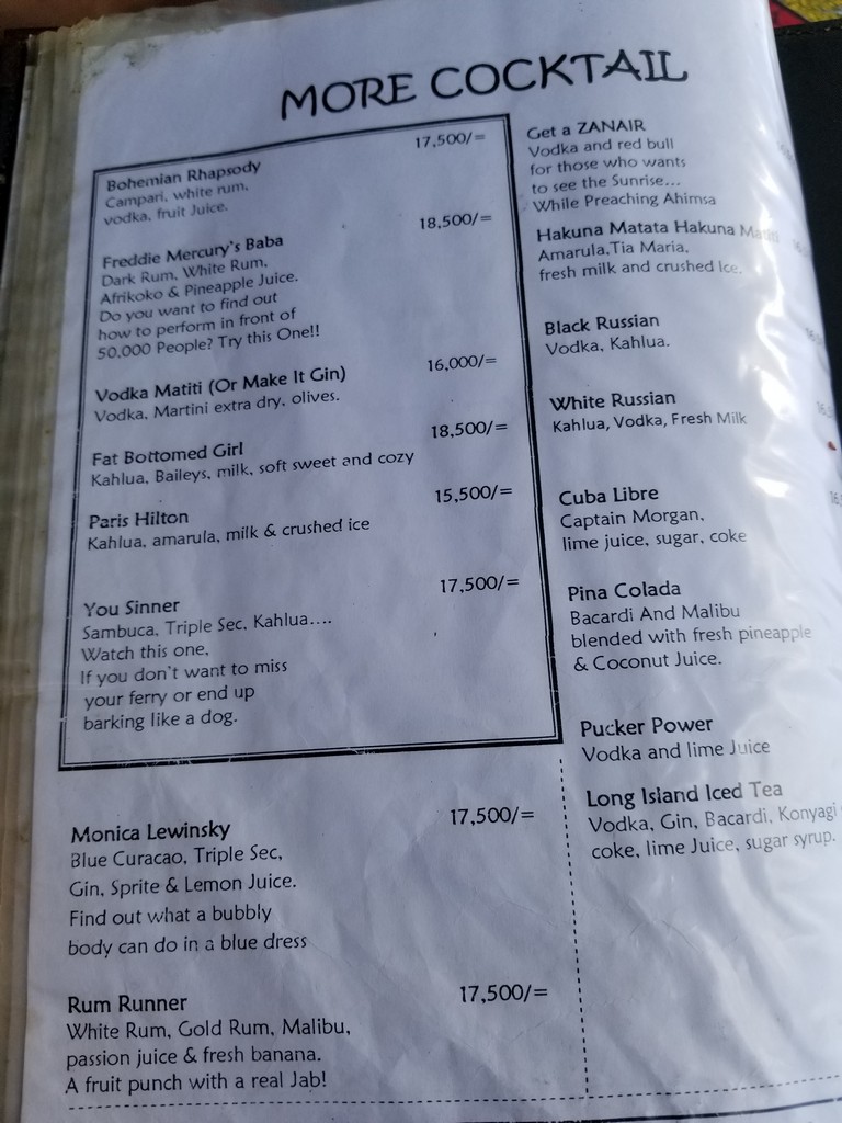 a menu of drinks and drinks