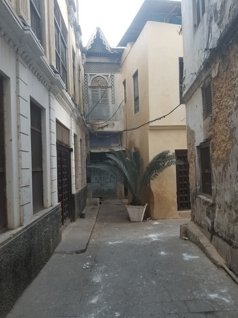 a narrow alleyway between buildings