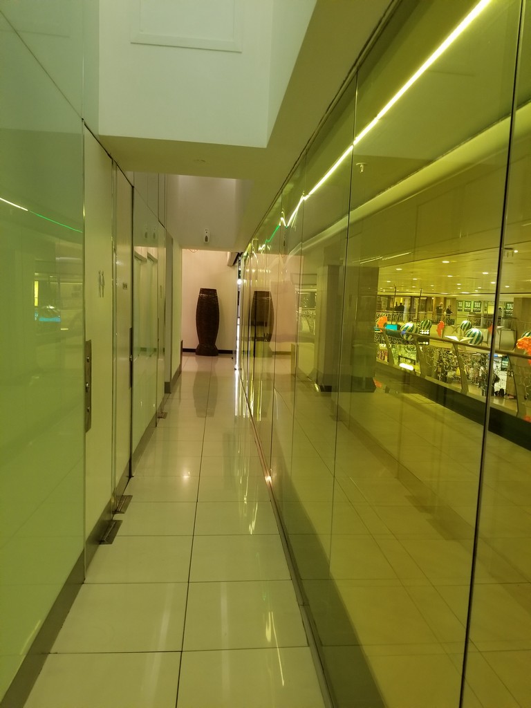 a hallway with glass walls and a vase on the side
