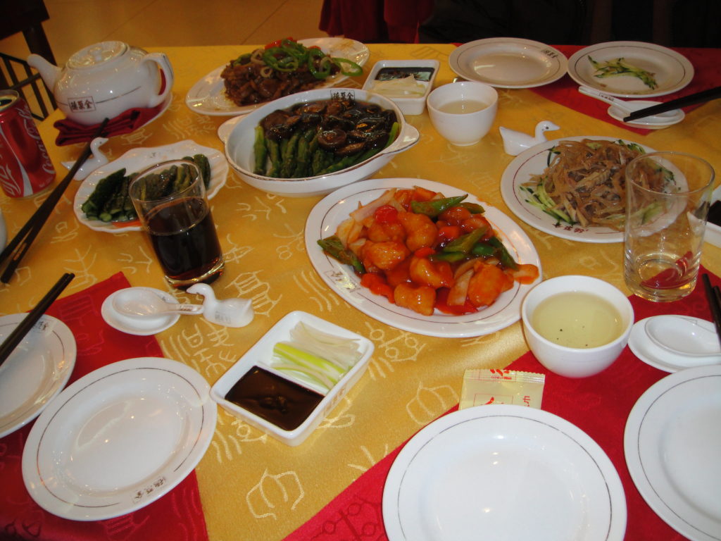 a table with plates of food