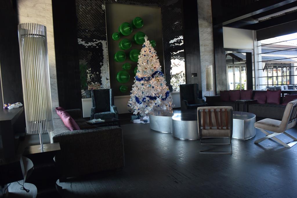 The lobby decorated for Christmas 
