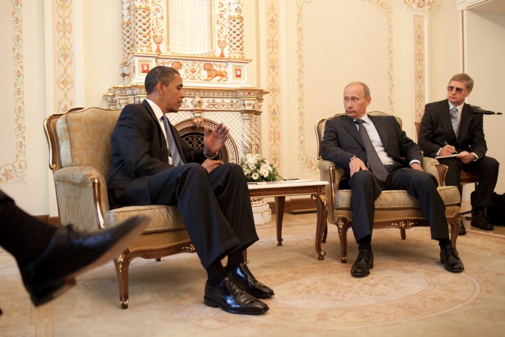 President Barack Obama meets with Prime Minister Vladimir Putin at his dacha outside Moscow, Russia, July 7, 2009. (Official White House Photo by Pete Souza)This official White House photograph is being made available for publication by news organizations and/or for personal use printing by the subject(s) of the photograph. The photograph may not be manipulated in any way or used in materials, advertisements, products, or promotions that in any way suggest approval or endorsement of the President, the First Family, or the White House.