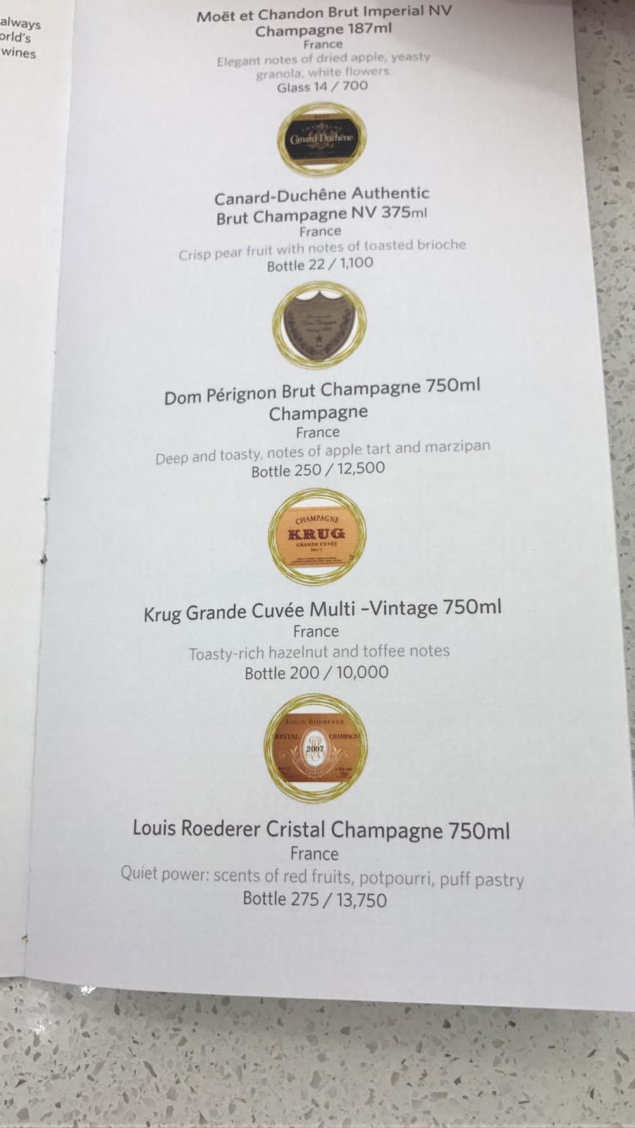 a menu with different types of wine