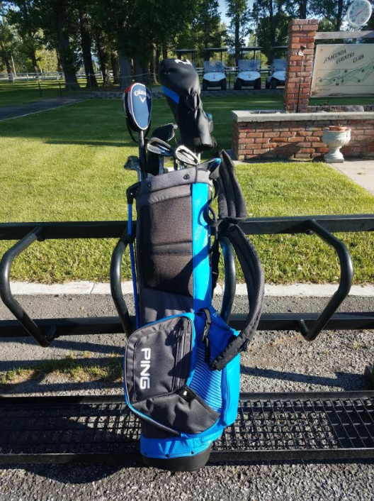a bag of golf clubs and a bag on a metal railing