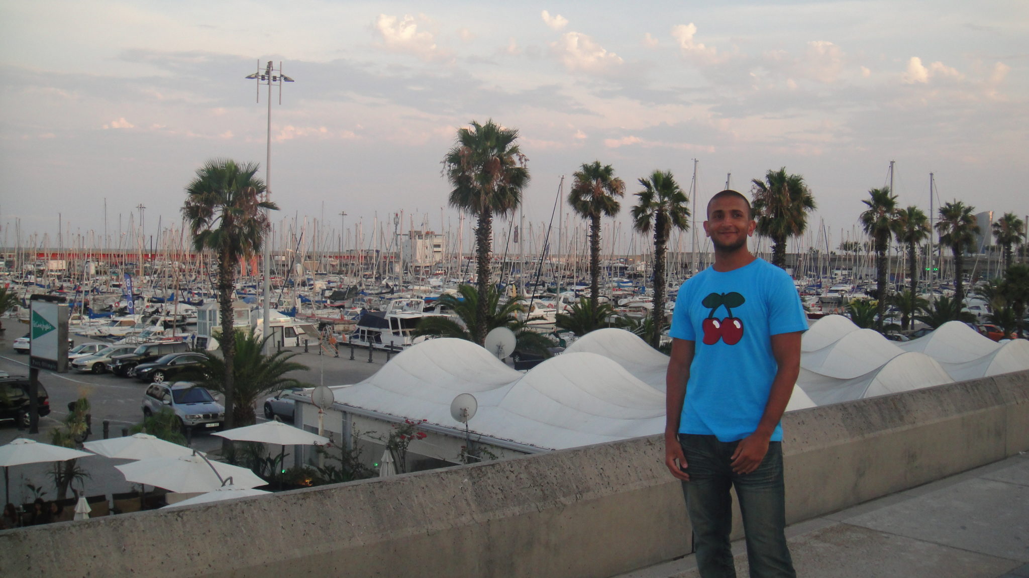 a man standing on a ledge with palm trees and boats in the background