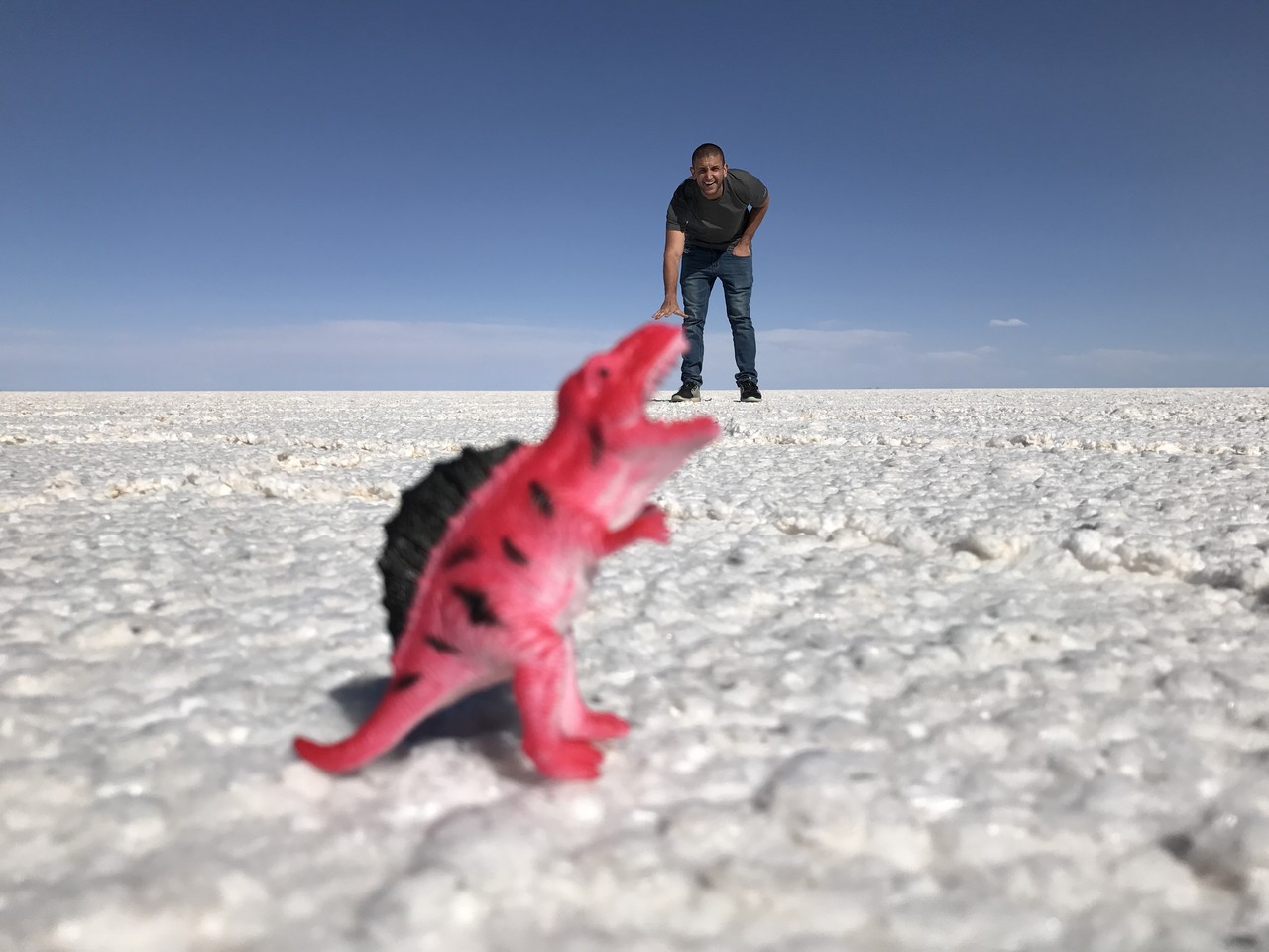 a man standing in the snow with a toy dinosaur