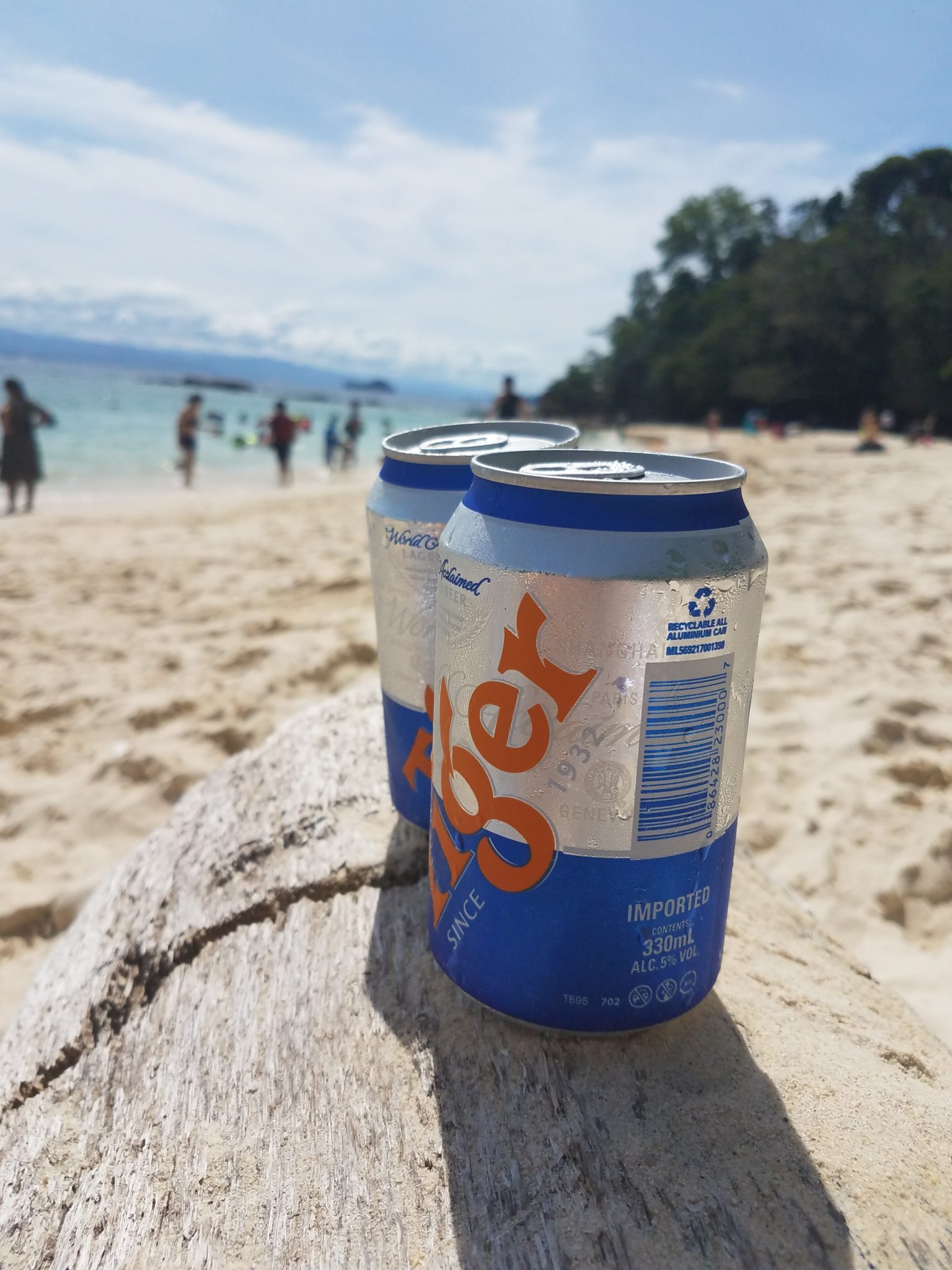 two cans of beer on a rock on a beach