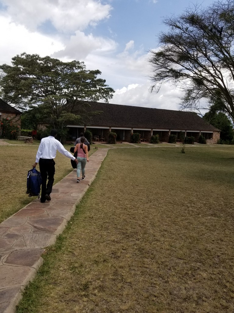 a group of people walking on a stone path with luggage