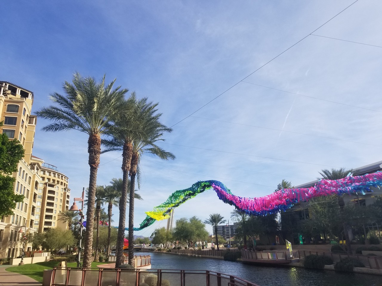 a stream of water with palm trees and a colorful streamer