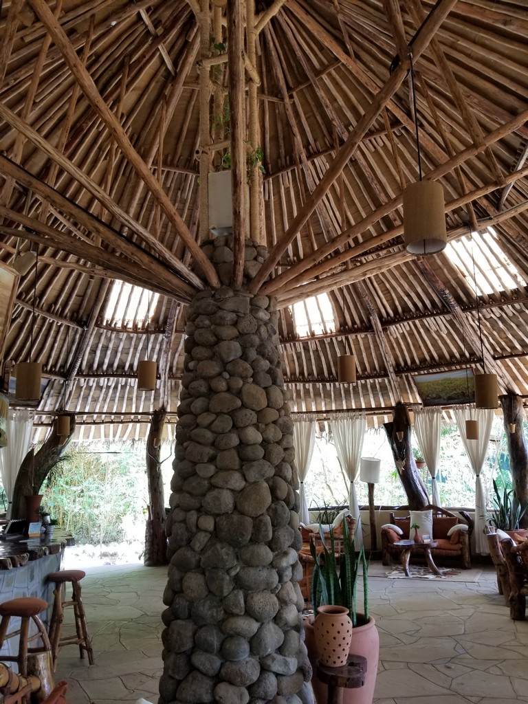a room with a large stone structure