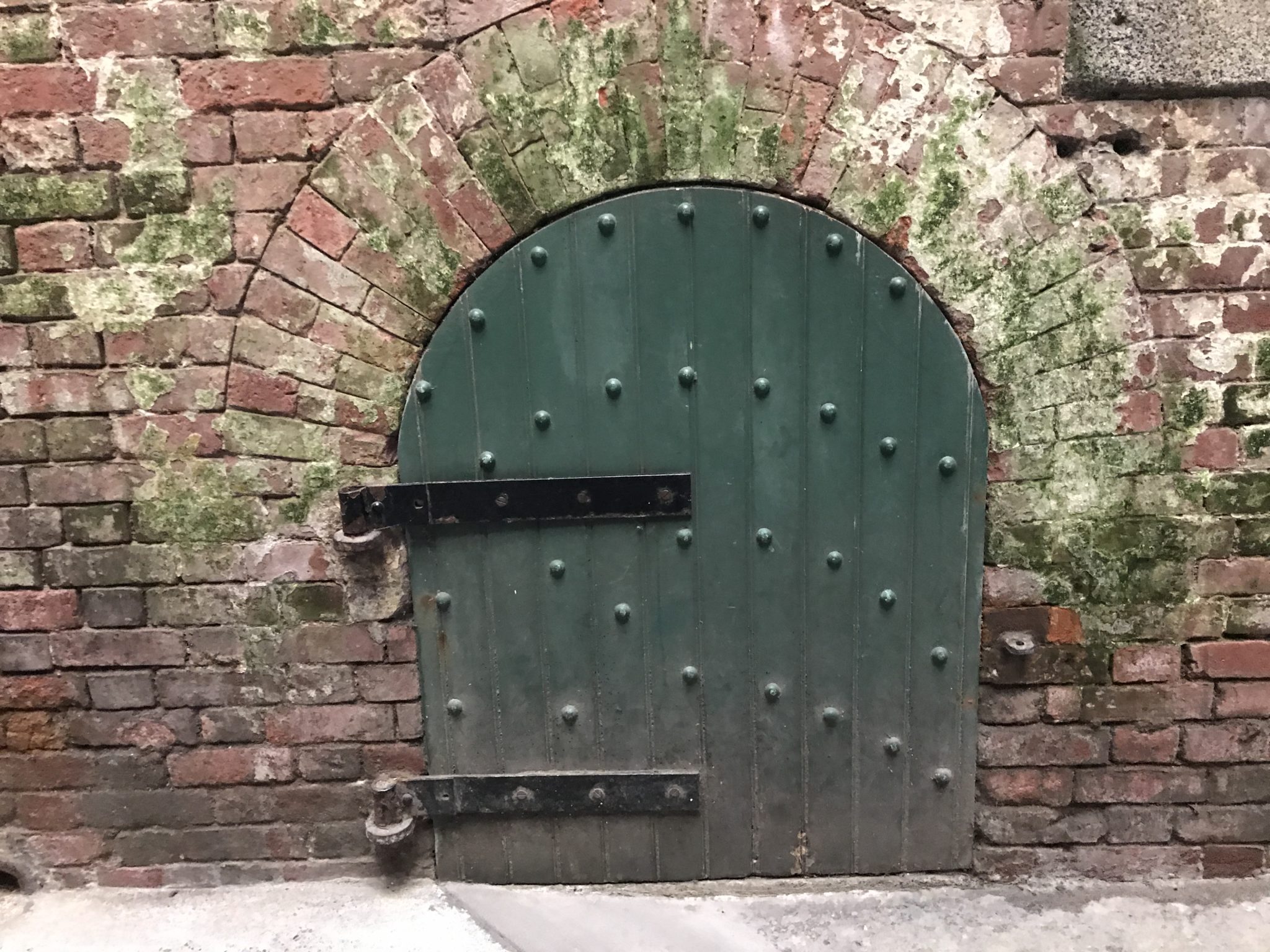 a green door in a brick wall