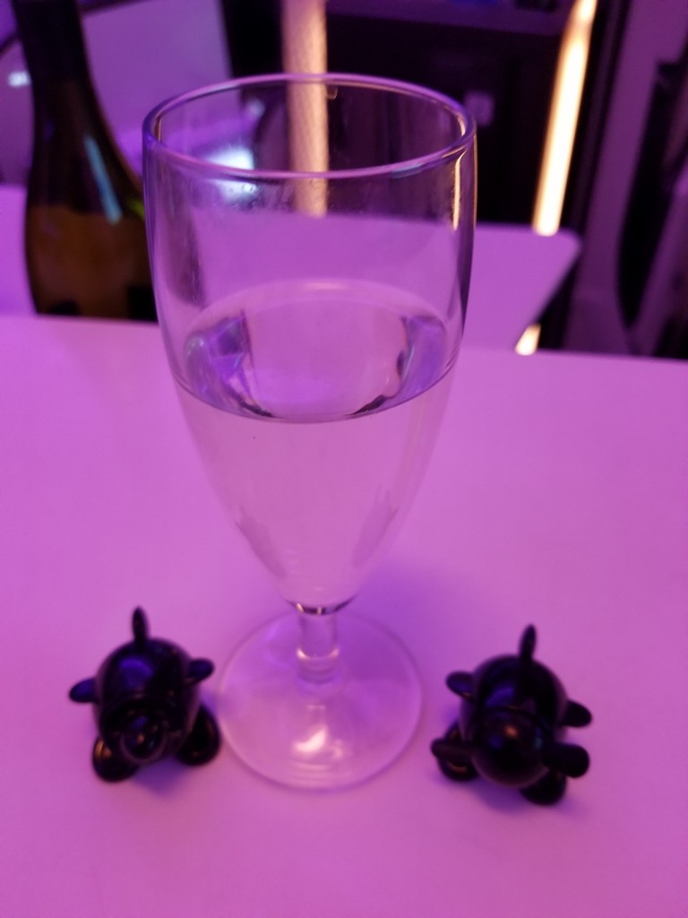 a glass of water next to two small black turtles