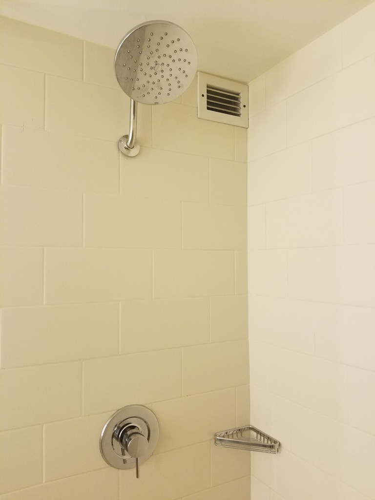 a shower head and a vent in a bathroom
