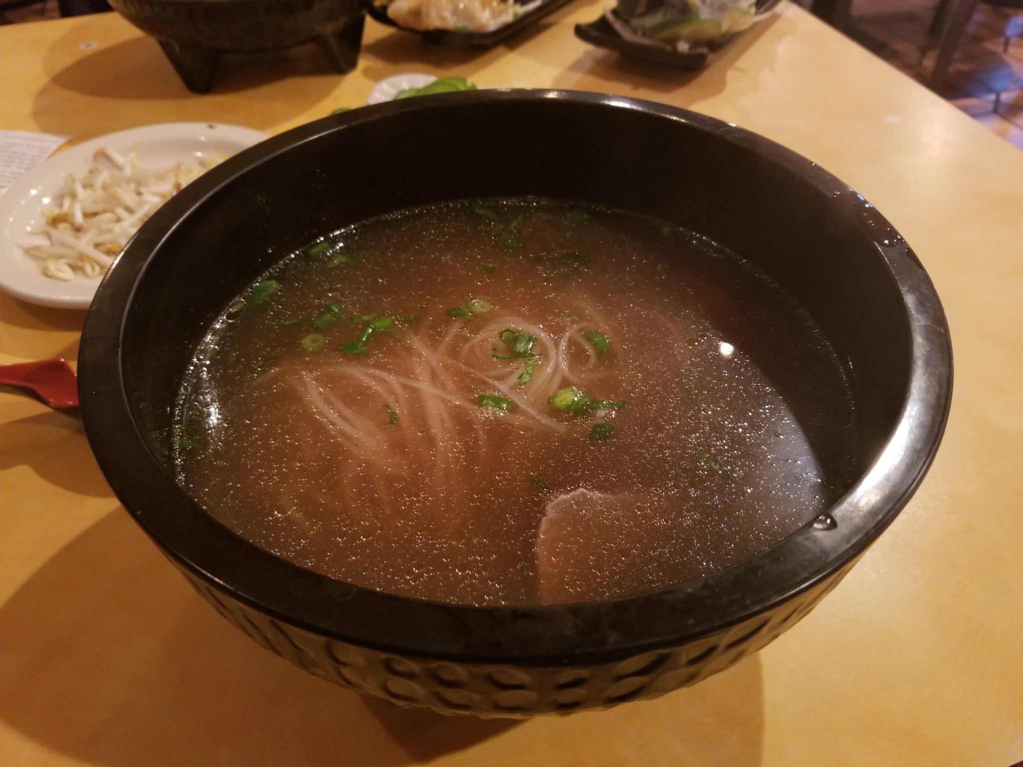 a bowl of soup with noodles and green onions