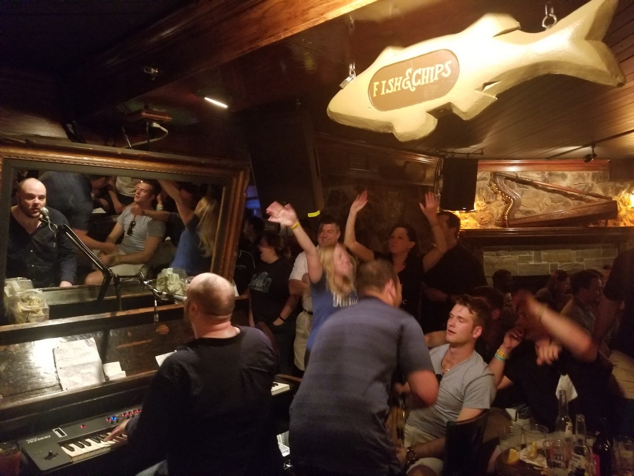 a group of people in a bar