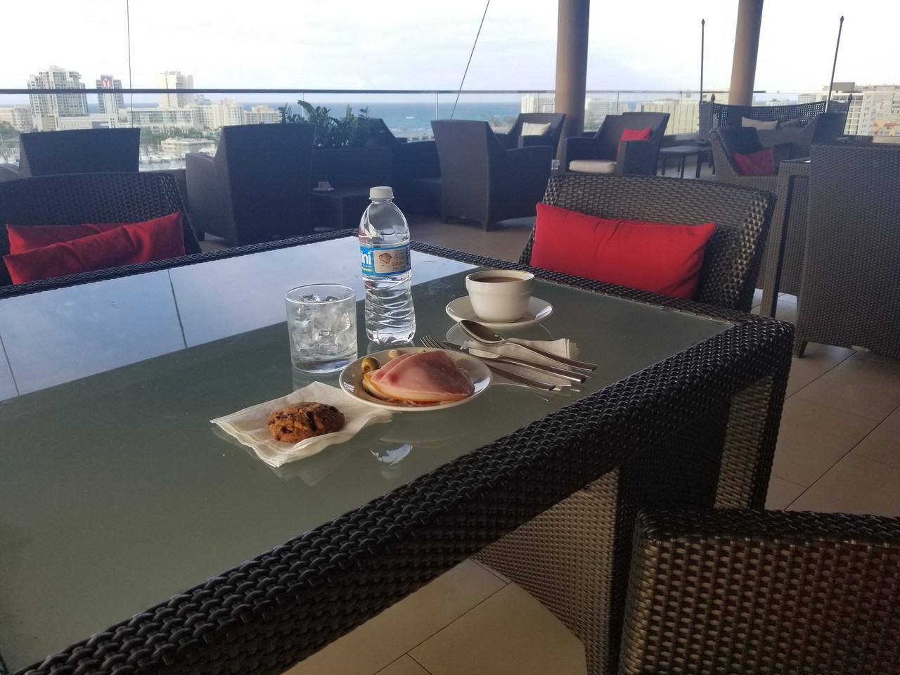 a table with food and water on it