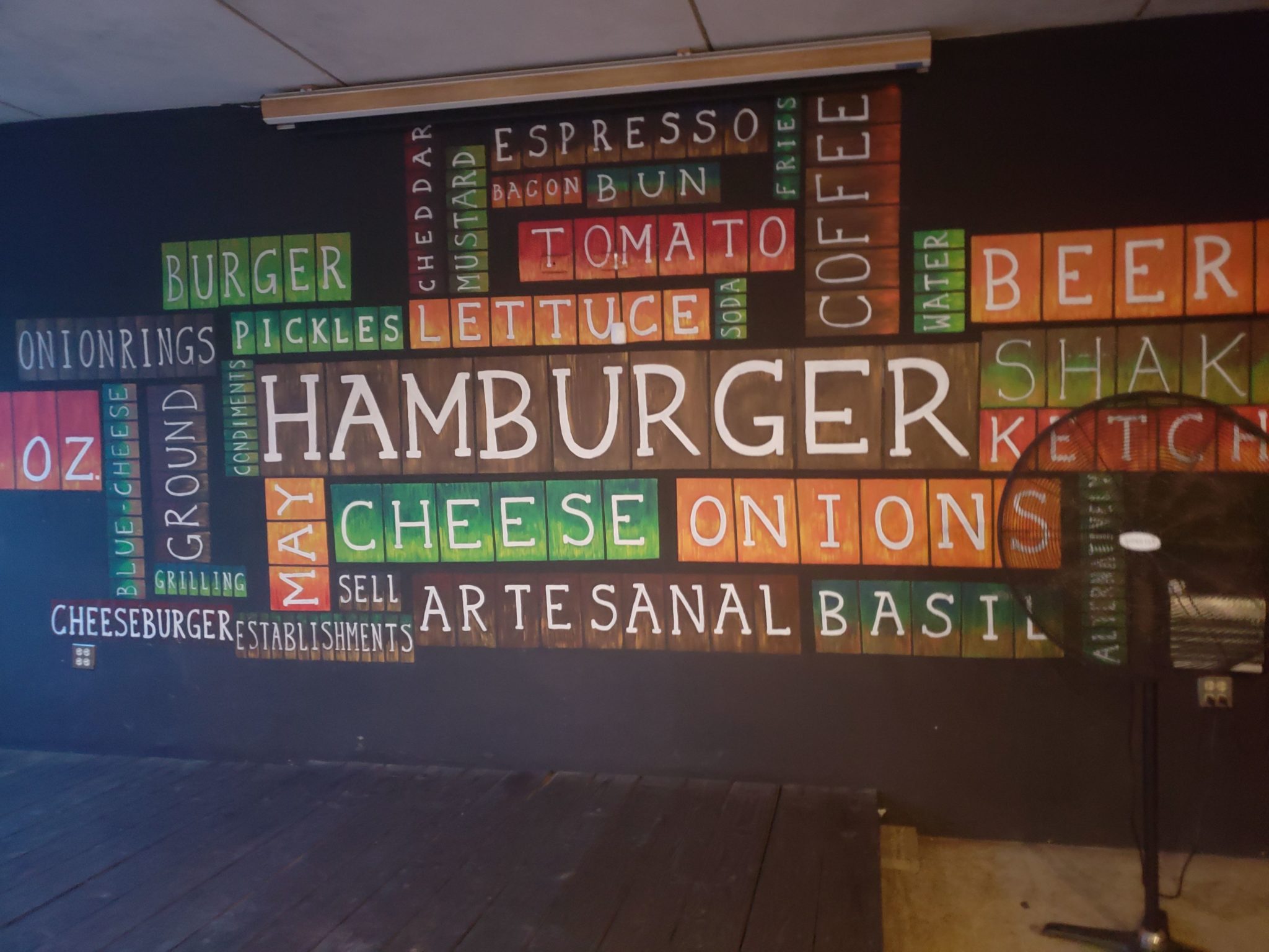 a wall with different colored words
