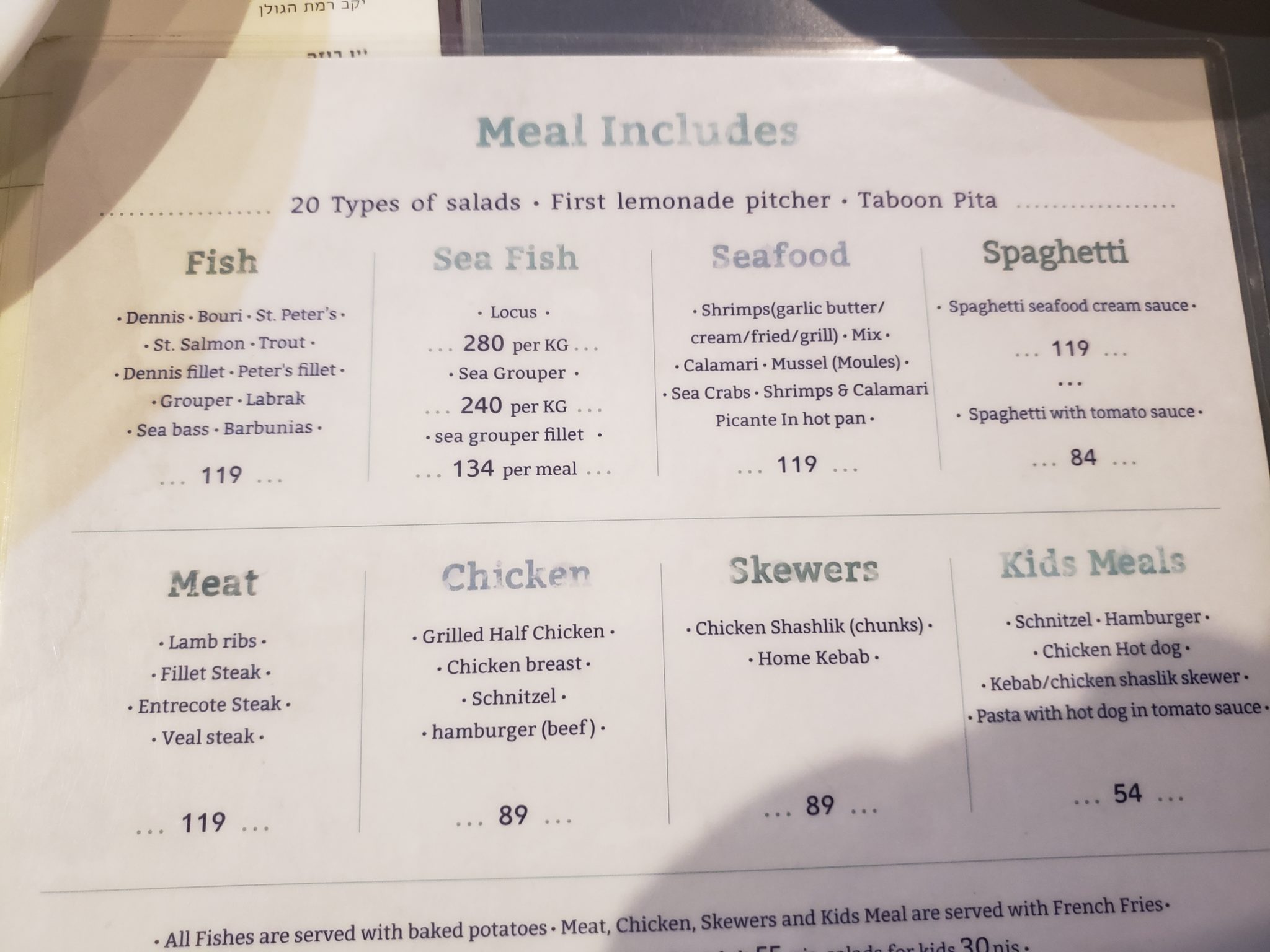 a menu with numbers and prices