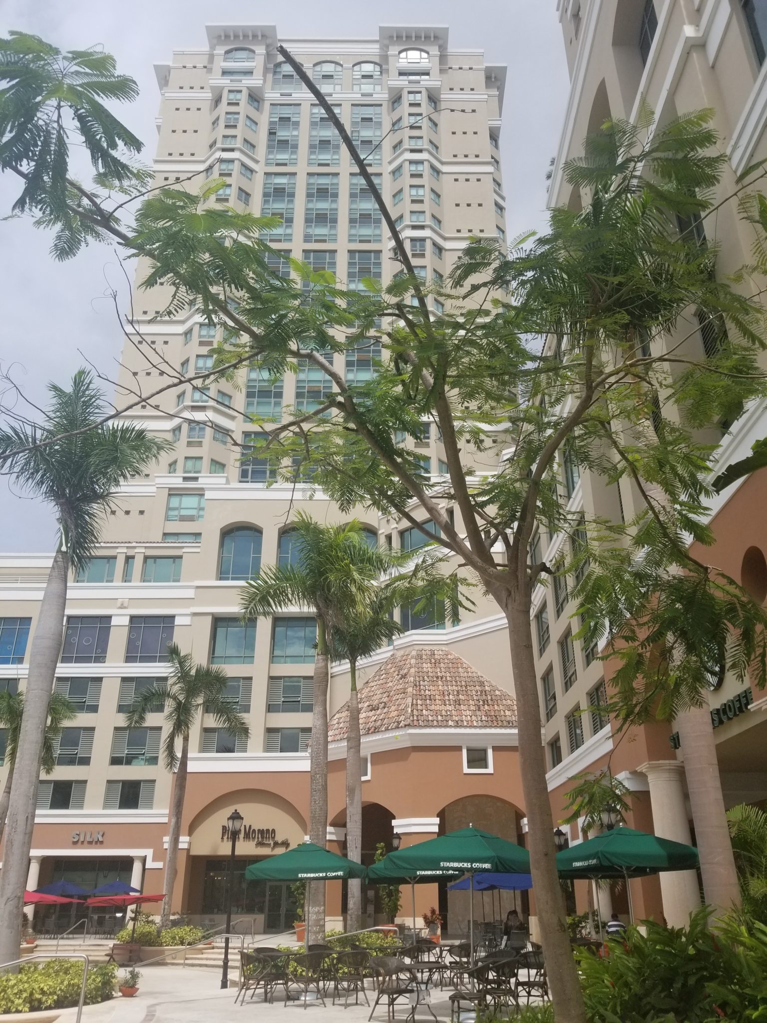 a tall building with trees and umbrellas