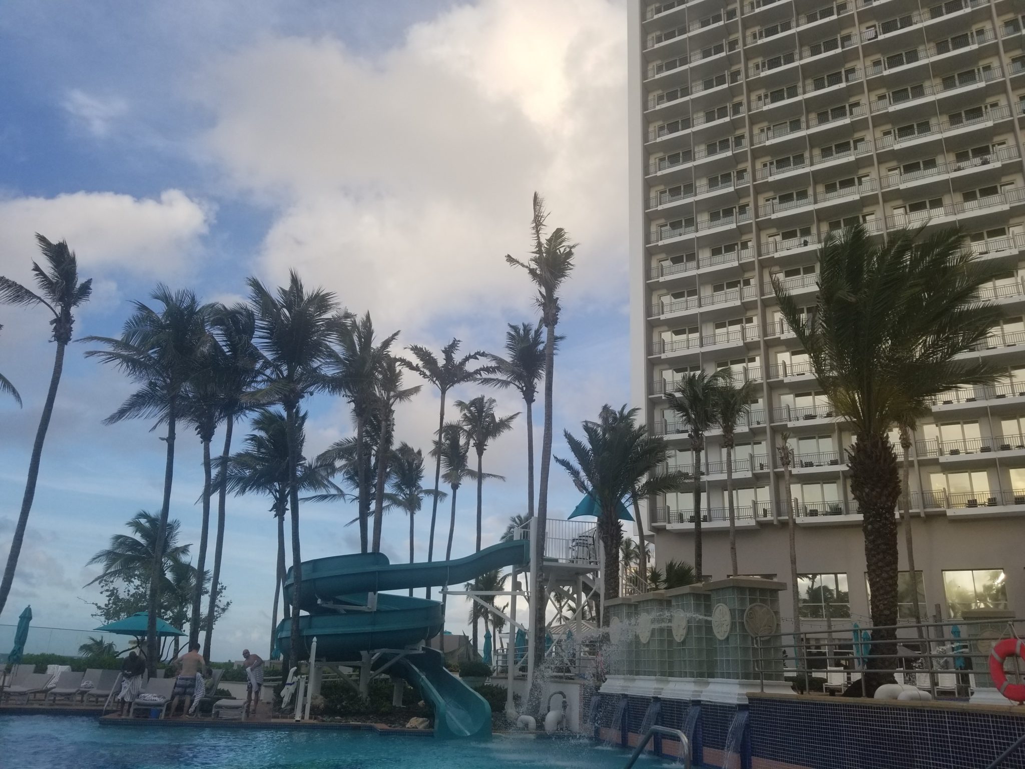 a water slide and palm trees next to a building