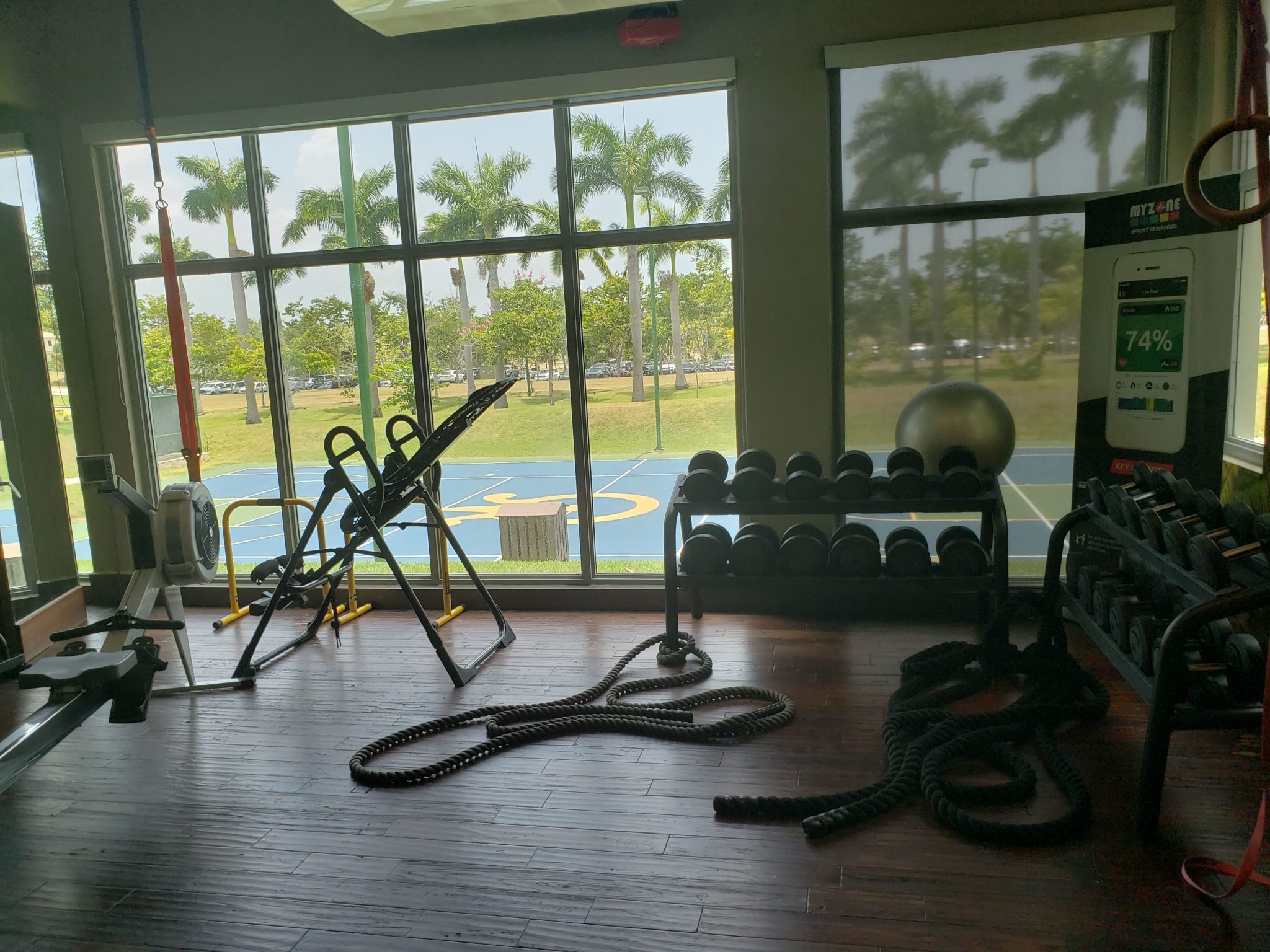 a gym with a large window