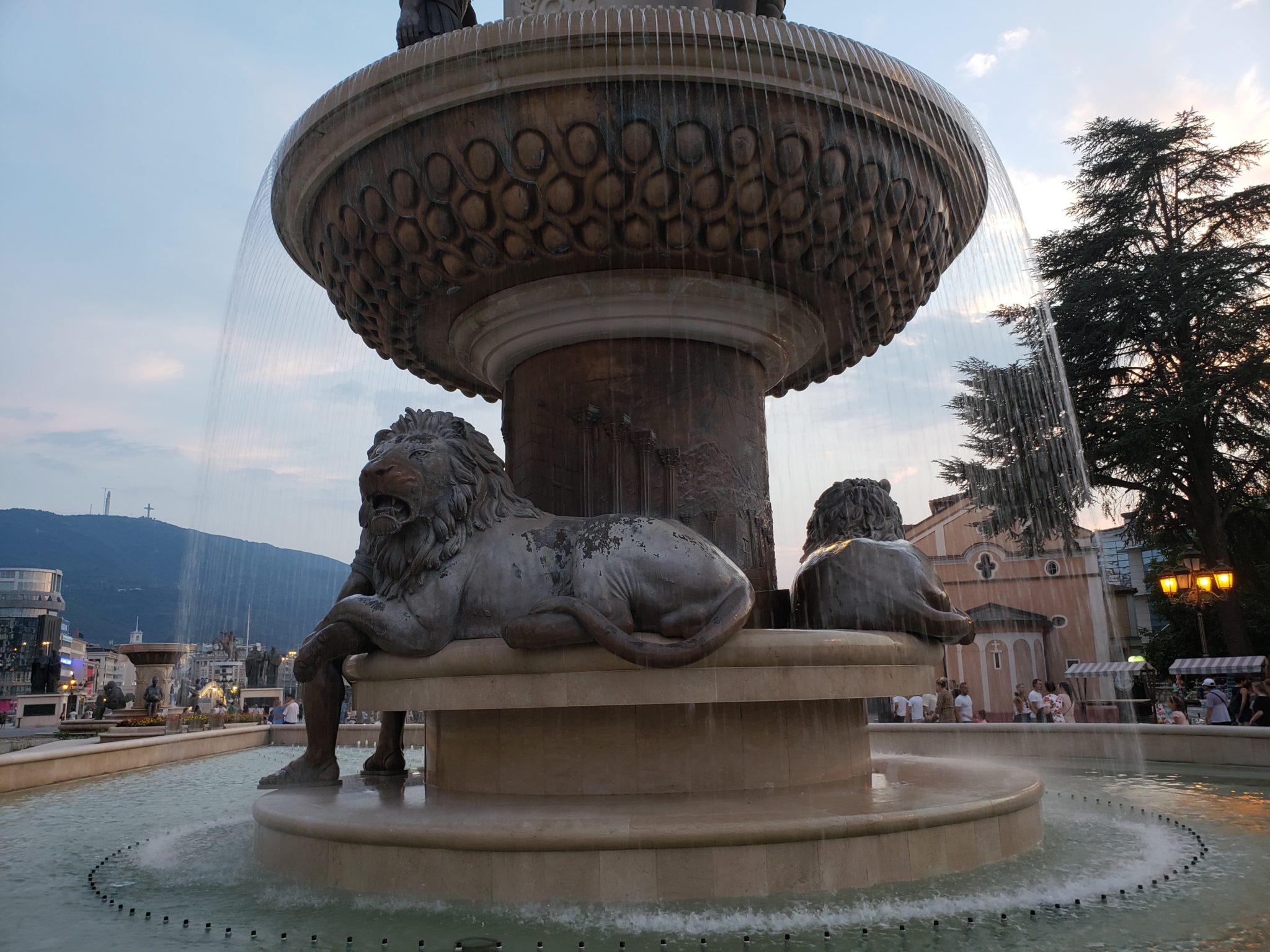 a fountain with lions on it