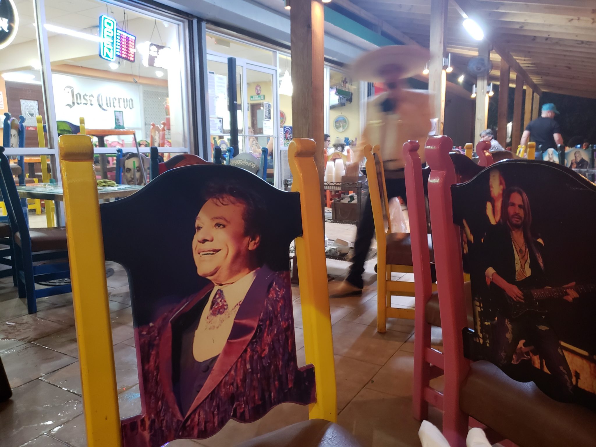 a group of chairs with a picture of a man on them