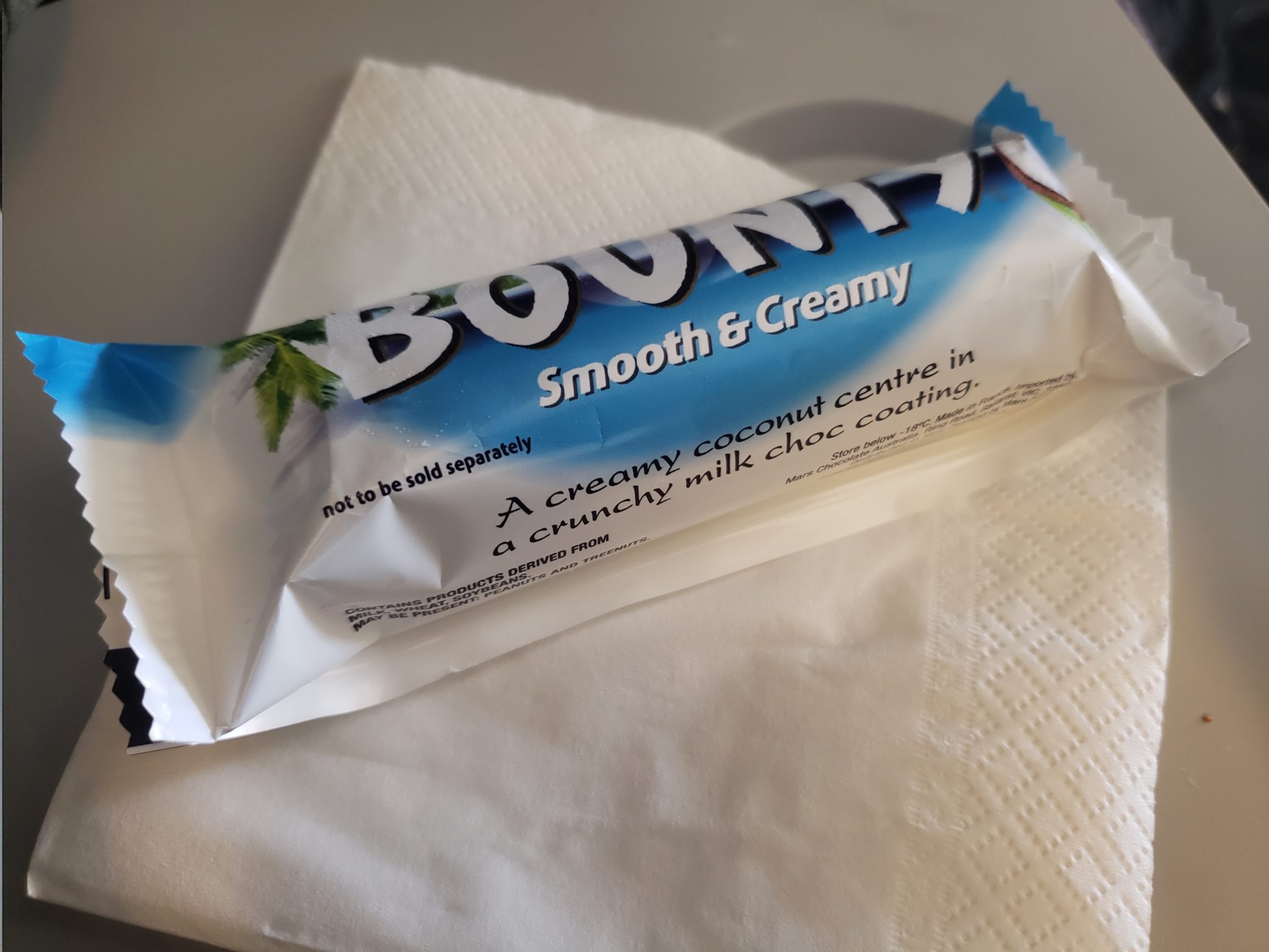 a white and blue package of candy