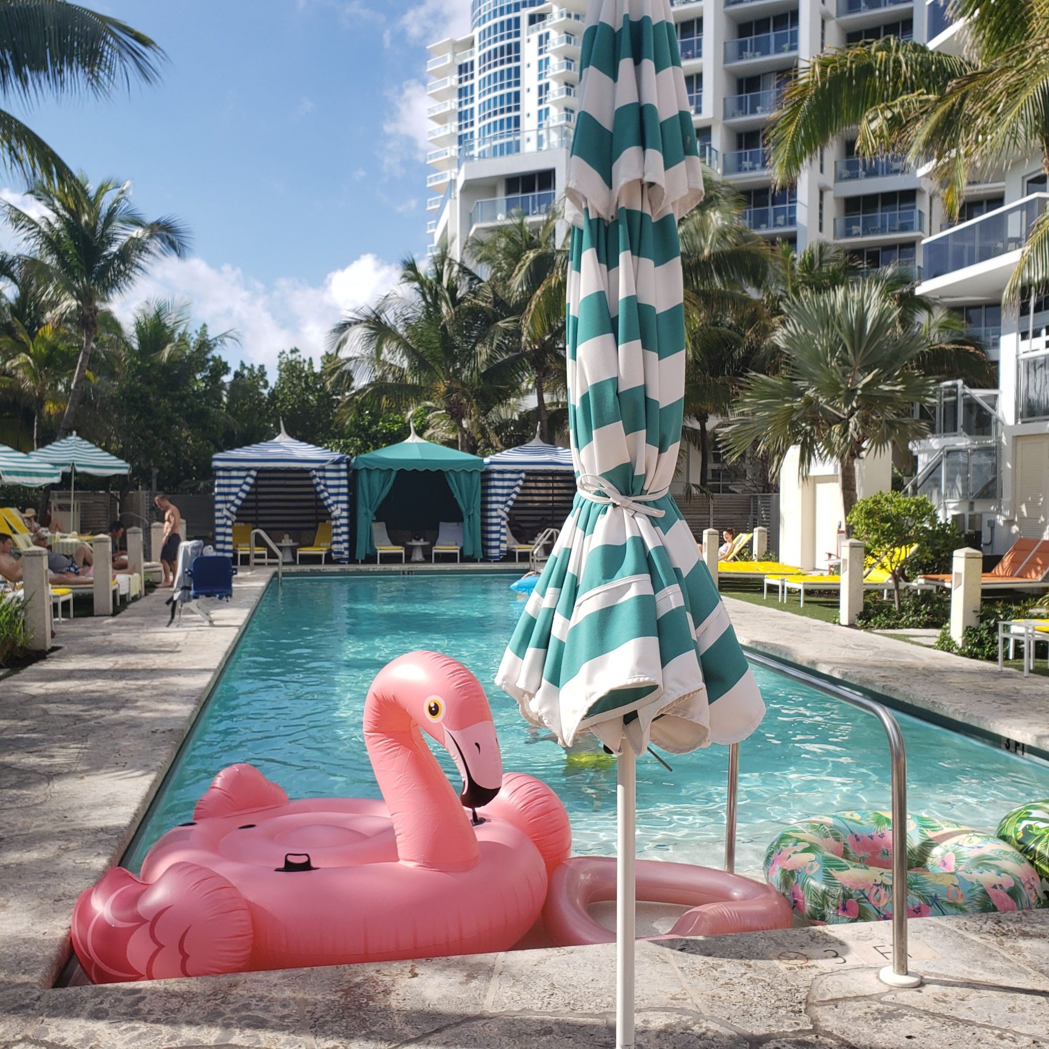 a pool with an inflatable flamingo floating in it