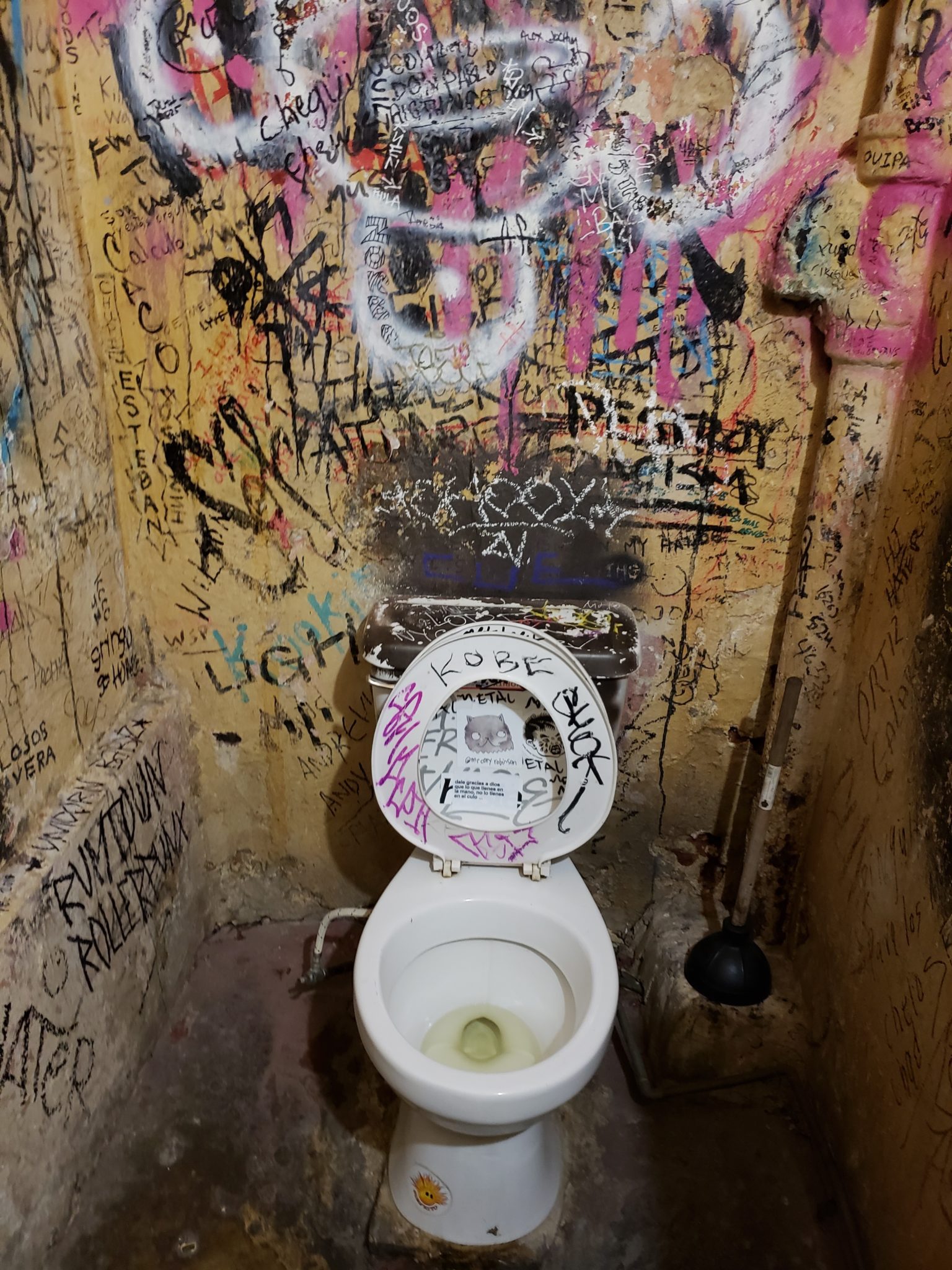a toilet with graffiti on the wall