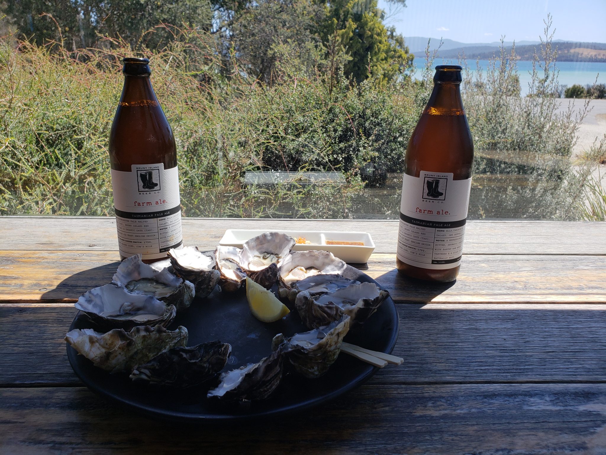 a plate of oysters and two bottles of beer on a table
