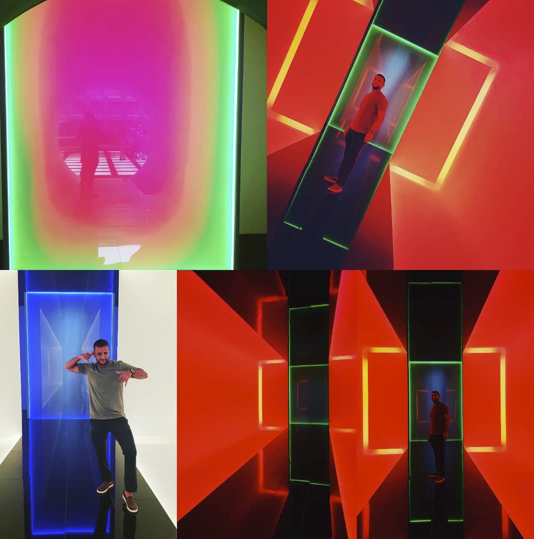 a collage of a man standing in a room with different colored lights