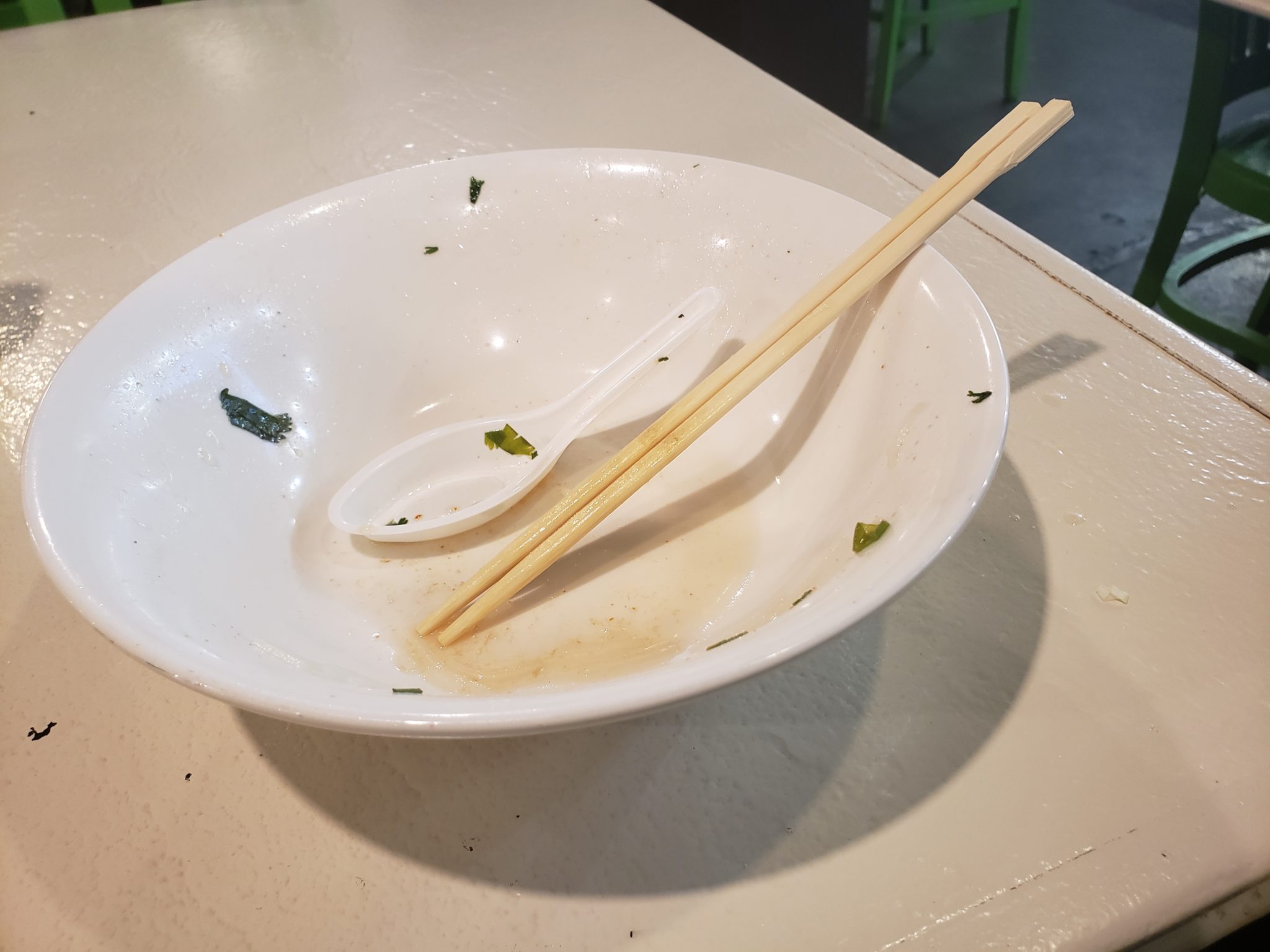 a bowl with chopsticks and a spoon